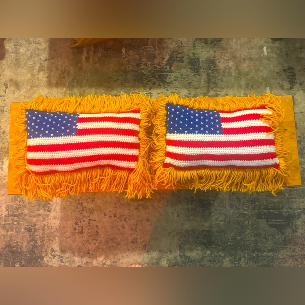 Vintage American Flag Crochet Pillows with Fringe